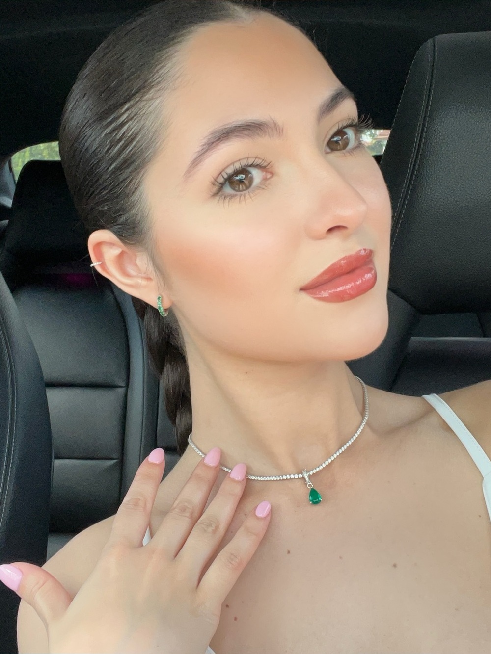 Silver and Green gems mini hoop earrings